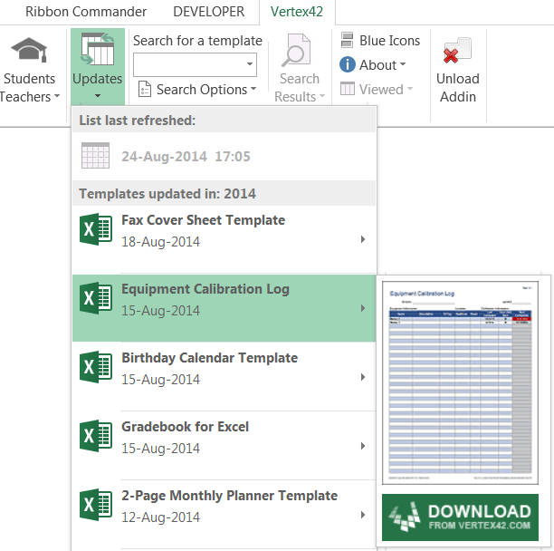 Vertex42 Template Gallery Excel Addin Powered By Ribbon Commander